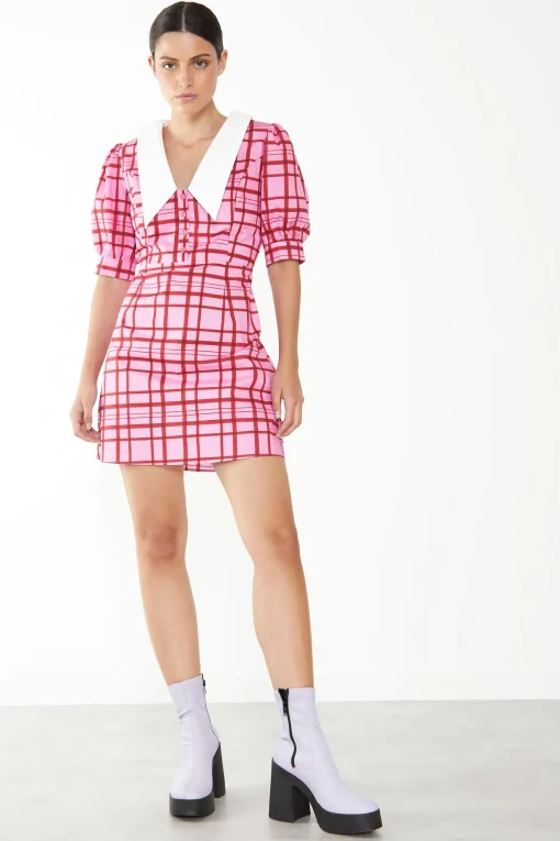 Glamorous Mini Dresses|Mini Dresses|Short Puff Sleeve Pink Red Grid Check Mini Dress with Collar -