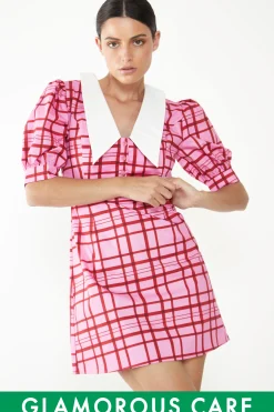 Glamorous Mini Dresses|Mini Dresses|Short Puff Sleeve Pink Red Grid Check Mini Dress with Collar -
