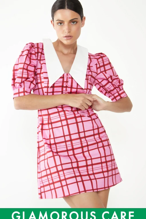 Glamorous Mini Dresses|Mini Dresses|Short Puff Sleeve Pink Red Grid Check Mini Dress with Collar -