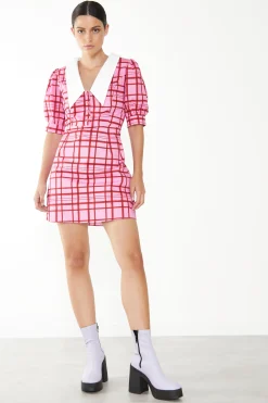 Glamorous Mini Dresses|Mini Dresses|Short Puff Sleeve Pink Red Grid Check Mini Dress with Collar -