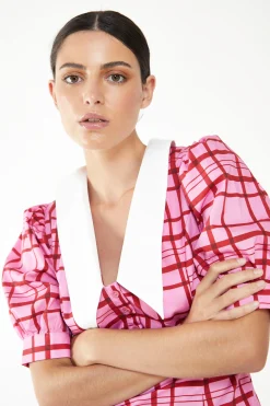 Glamorous Mini Dresses|Mini Dresses|Short Puff Sleeve Pink Red Grid Check Mini Dress with Collar -
