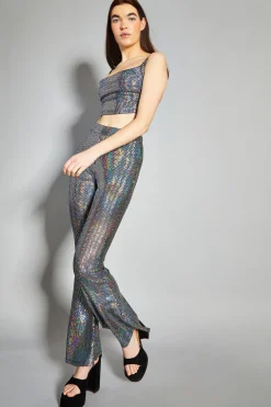 Glamorous Go To Partywear|Co-ords|Silver Holographic High Waisted Flared Trousers -