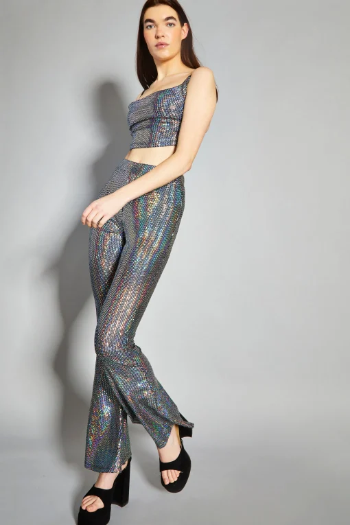 Glamorous Go To Partywear|Co-ords|Silver Holographic High Waisted Flared Trousers -
