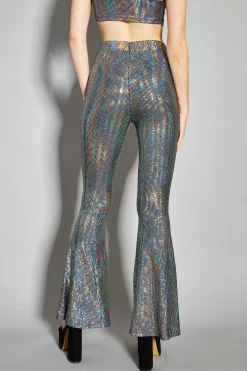 Glamorous Go To Partywear|Co-ords|Silver Holographic High Waisted Flared Trousers -