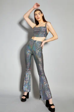 Glamorous Go To Partywear|Co-ords|Silver Holographic High Waisted Flared Trousers -