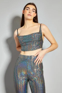 Glamorous Going Out Tops|Go To Partywear|Silver Holographic Cowl Neck Crop Top -