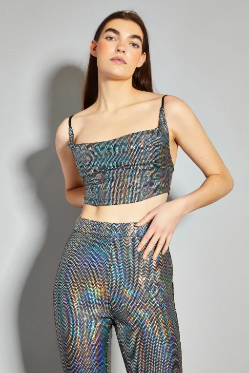 Glamorous Going Out Tops|Go To Partywear|Silver Holographic Cowl Neck Crop Top -