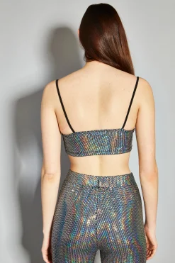 Glamorous Going Out Tops|Go To Partywear|Silver Holographic Cowl Neck Crop Top -