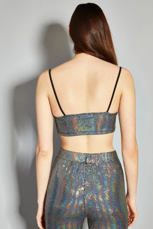 Glamorous Going Out Tops|Go To Partywear|Silver Holographic Cowl Neck Crop Top -