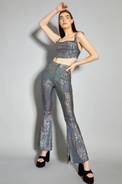 Glamorous Going Out Tops|Go To Partywear|Silver Holographic Cowl Neck Crop Top -