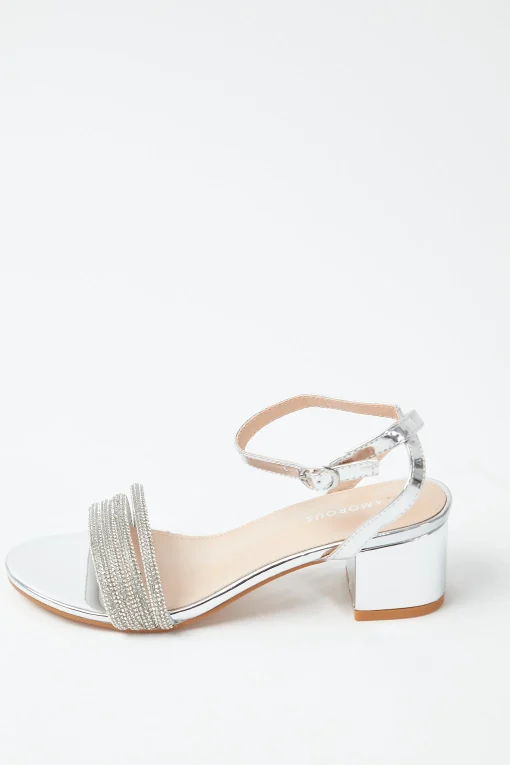 Glamorous Prom|Special Extras|Silver Low Block Heel Sandals -