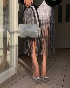 Glamorous Prom|Go To Partywear|Silver Sequin Fringe Cross Back Midi Dress -