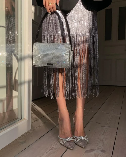 Glamorous Prom|Go To Partywear|Silver Sequin Fringe Cross Back Midi Dress -