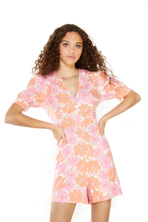 Glamorous Playsuits|Sixties Floral V-Neck Playsuit -
