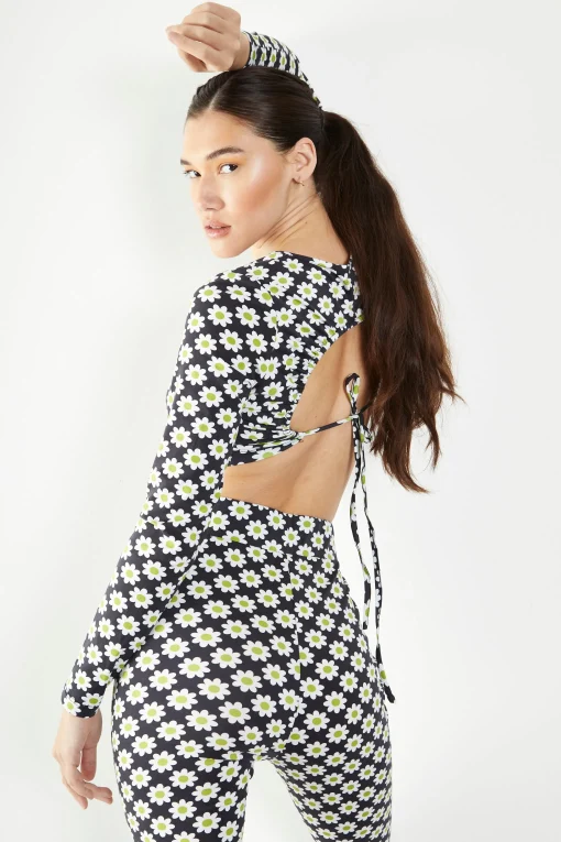 Glamorous Crops, Corsets & Bodysuits|Sixties Flower Jersey Long Sleeve Open Back Crop Top -