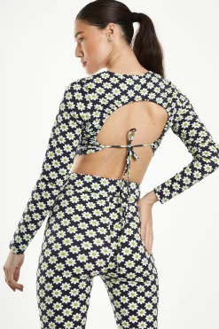 Glamorous Crops, Corsets & Bodysuits|Sixties Flower Jersey Long Sleeve Open Back Crop Top -