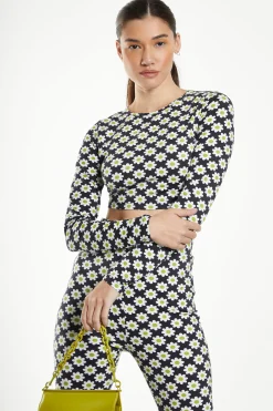 Glamorous Crops, Corsets & Bodysuits|Sixties Flower Jersey Long Sleeve Open Back Crop Top -