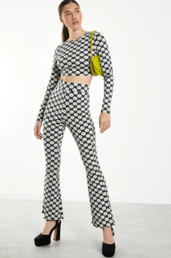 Glamorous Crops, Corsets & Bodysuits|Sixties Flower Jersey Long Sleeve Open Back Crop Top -