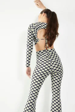 Glamorous Flares|Sixties Flower Jersey High Waisted Flared Trousers -