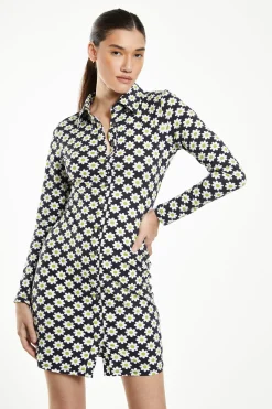 Glamorous Day Dresses|Sixties Flower Jersey Long Sleeve Bodycon Dress with Collar -