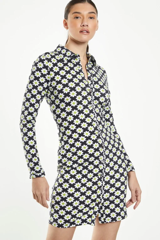 Glamorous Day Dresses|Sixties Flower Jersey Long Sleeve Bodycon Dress with Collar -