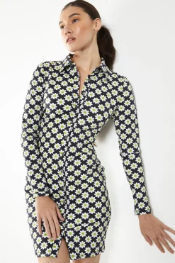 Glamorous Day Dresses|Sixties Flower Jersey Long Sleeve Bodycon Dress with Collar -
