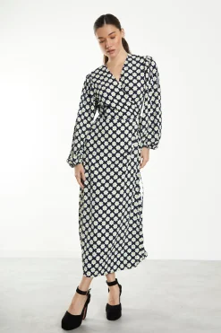 Glamorous Day Dresses|Wrap Dressses|Sixties Flower Long Sleeve Wrap Midi Dress -