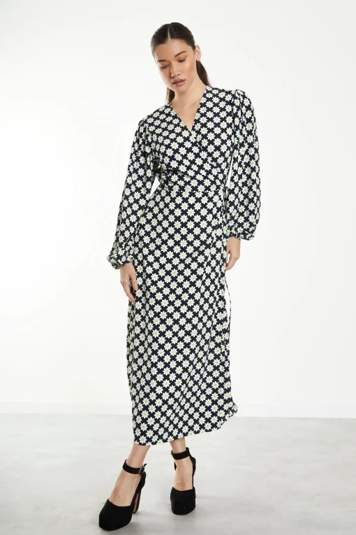 Glamorous Day Dresses|Wrap Dressses|Sixties Flower Long Sleeve Wrap Midi Dress -