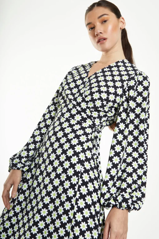 Glamorous Day Dresses|Wrap Dressses|Sixties Flower Long Sleeve Wrap Midi Dress -