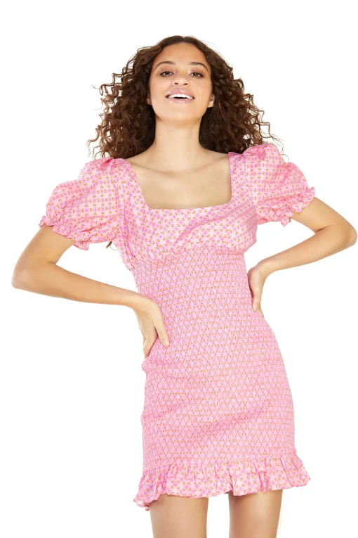 Glamorous Mini Dresses|Mini Dresses|Sixties Geo Ditsy Puff Shoulder Frill Hem Mini Dress -