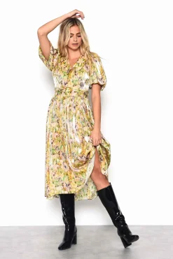Glamorous Midi & Midaxi Dresses|Midi & Midaxi Dresses|Smudgy Floral Belted Midi Dress with Statement Collar and Sl -