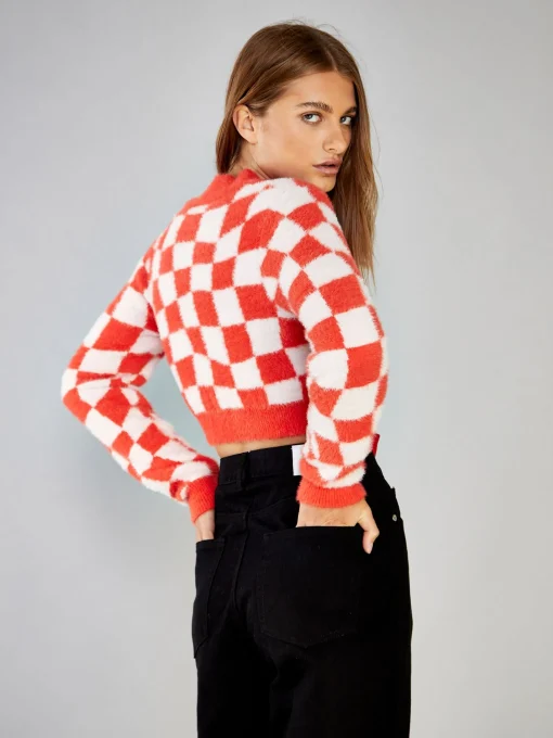 Glamorous Cardigans|Spicy Orange Pale Pink Pattern Knit Cropped Cardigan -