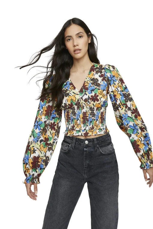 Glamorous Blouses & Shirts|Spring Floral V- Neck Long Sleeve Elasticated Blouse -
