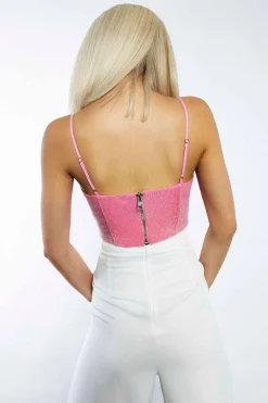 Glamorous Going Out Tops|Go To Partywear|Studio Barbie Pink Sequin Square Neck Corset Top -