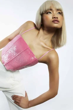 Glamorous Going Out Tops|Go To Partywear|Studio Barbie Pink Sequin Square Neck Corset Top -