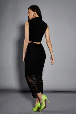 Glamorous Going Out Skirts|Go To Partywear|Studio Black Mesh Ruched Midi Skirt -