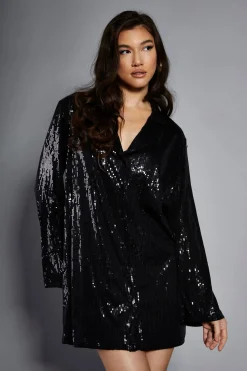 Glamorous Go To Partywear|Party Dresses|Studio Black Sequin Relaxed Fit Mini Shirt Dress -