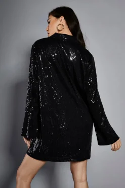 Glamorous Go To Partywear|Party Dresses|Studio Black Sequin Relaxed Fit Mini Shirt Dress -