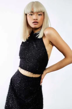 Glamorous Going Out Tops|Go To Partywear|Studio Black Textured Halterneck Crop Top -