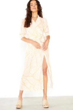 Glamorous Best Dressed Guest|Wrap Dressses|Studio Coral Pink Palm Belted Wrap Over Midaxi Dress -
