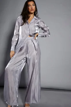 Glamorous Go To Partywear|Glamorous Studio|Studio Grey Metallic Wide Leg High Waisted Trousers -