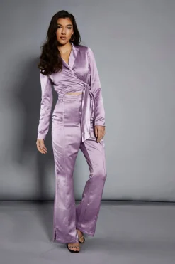 Glamorous Go To Partywear|Glamorous Studio|Studio Lavender Satin Tailored Split Flared Trousers -