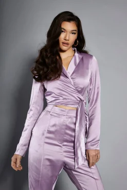 Glamorous Going Out Tops|Go To Partywear|Studio Lavender Satin Cropped Wrap Blazer -