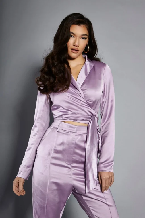 Glamorous Going Out Tops|Go To Partywear|Studio Lavender Satin Cropped Wrap Blazer -