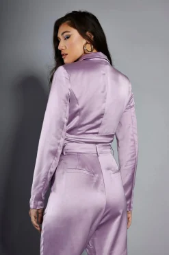Glamorous Going Out Tops|Go To Partywear|Studio Lavender Satin Cropped Wrap Blazer -