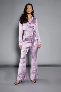 Glamorous Going Out Tops|Go To Partywear|Studio Lavender Satin Cropped Wrap Blazer -