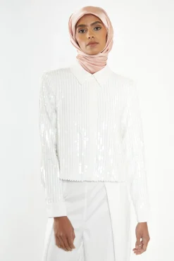 Glamorous Going Out Tops|Go To Partywear|Studio White Linear Sequin Shirt -
