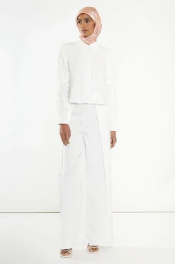 Glamorous Going Out Tops|Go To Partywear|Studio White Linear Sequin Shirt -