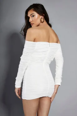 Glamorous Go To Partywear|Party Dresses|Studio White Mesh Ruched Bardot Mini Dress -