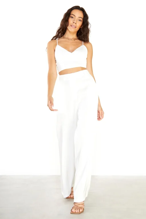 Glamorous Best Dressed Guest|Go To Partywear|Studio White Satin Wide-Leg Trousers -